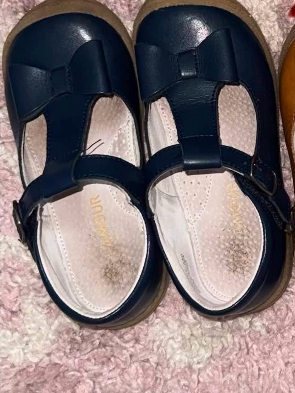 L'Amour Navy Girls T-Strap Bow Shoes